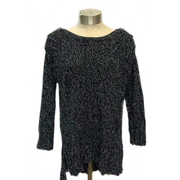 LUCKY BRAND Navy Blue + White Isabella Button Accent Shoulder Women's Sweater M - Picture 2 of 6